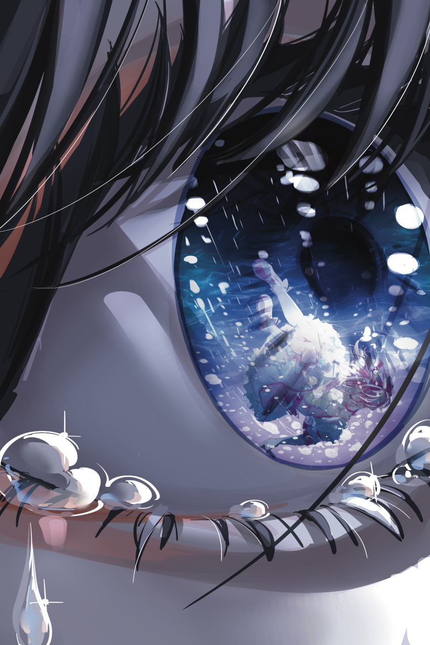 13165075695, 2girls, absurdres, akemi_homura, black_hair, closed_mouth, crying, crying_with_eyes_open, dress, eye_reflection, highres, kaname_madoka, kneehighs, long_hair, looking_at_another, mahou_shoujo_madoka_magica, mahou_shoujo_madoka_magica_(anime), multiple_girls, pink_dress, pink_eyes, pink_hair, pink_shoes, reflection, shoes, short_sleeves, short_twintails, socks, tears, twintails, white_socks