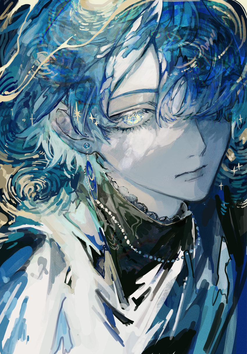 1boy, absurdres, bead_necklace, beads, black_shirt, blending, blue_background, blue_eyes