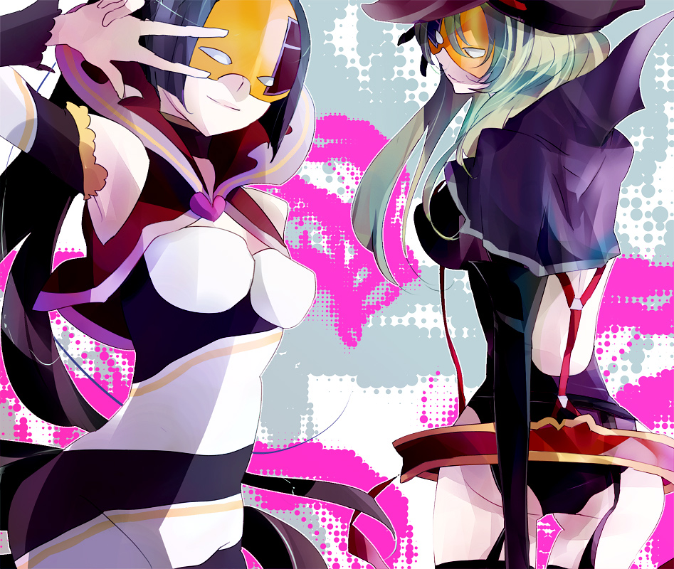 black_hair, garter_belt, garter_straps, green_hair, hat, kiraboshi_(star_driver), long_hair, mask