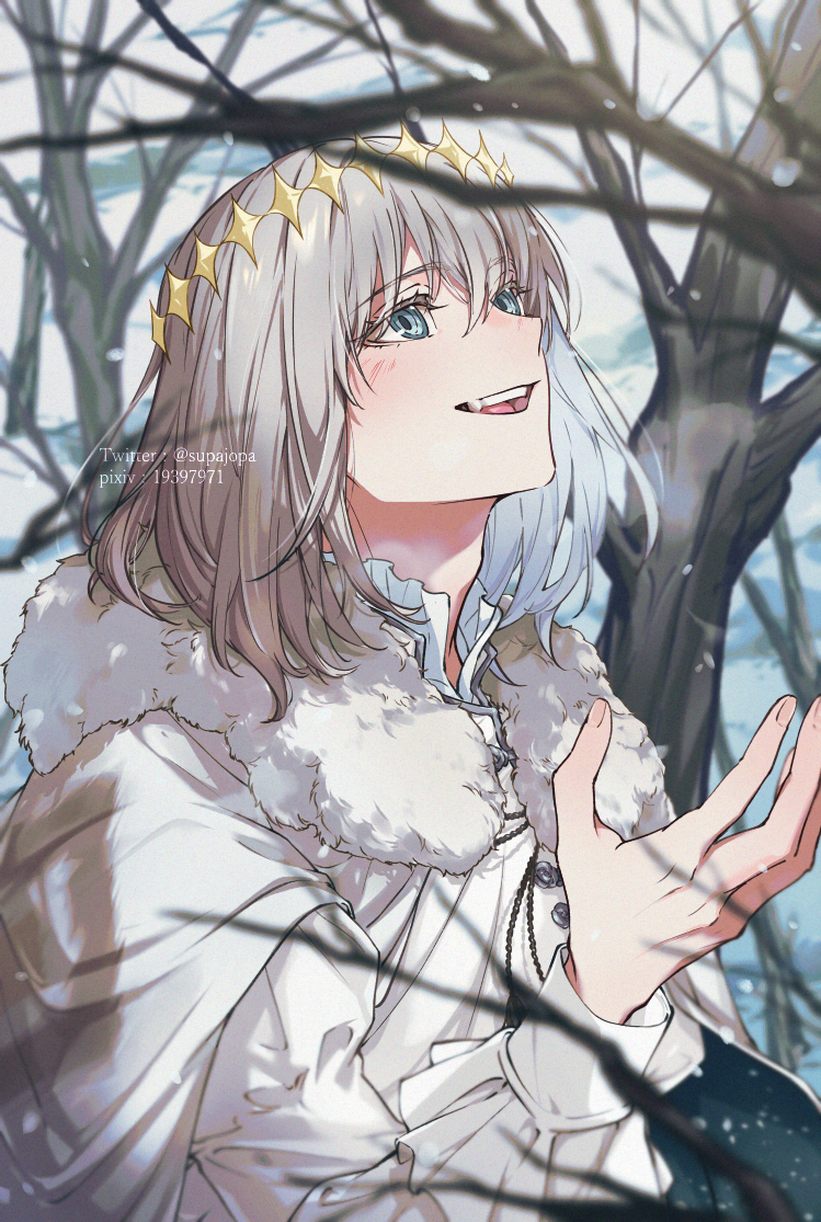 1boy, bare_tree, blue_eyes, blush, cape, commentary_request, crown, diamond_hairband
