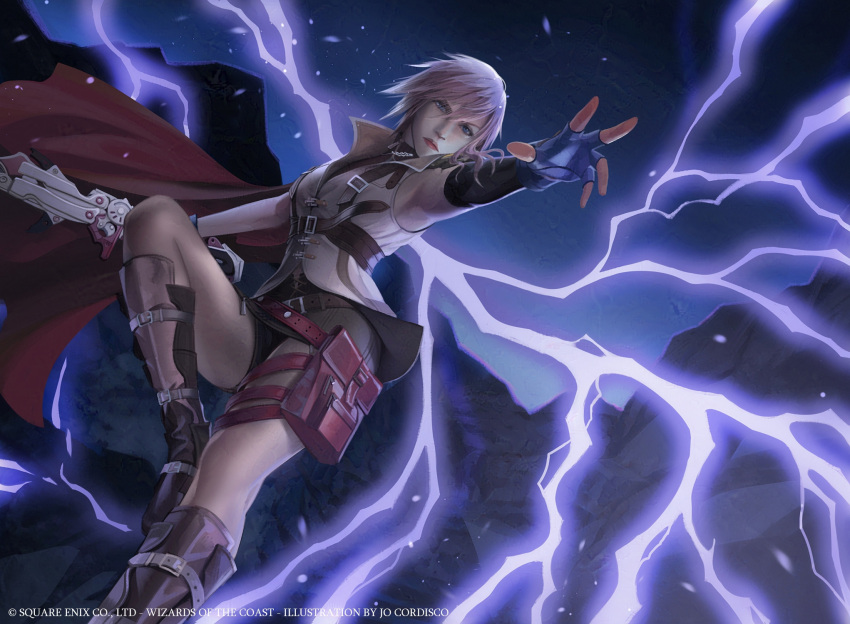 1girl, blazefire_saber, cape, copyright_notice, electricity, final_fantasy, final_fantasy_xiii, fingerless_gloves