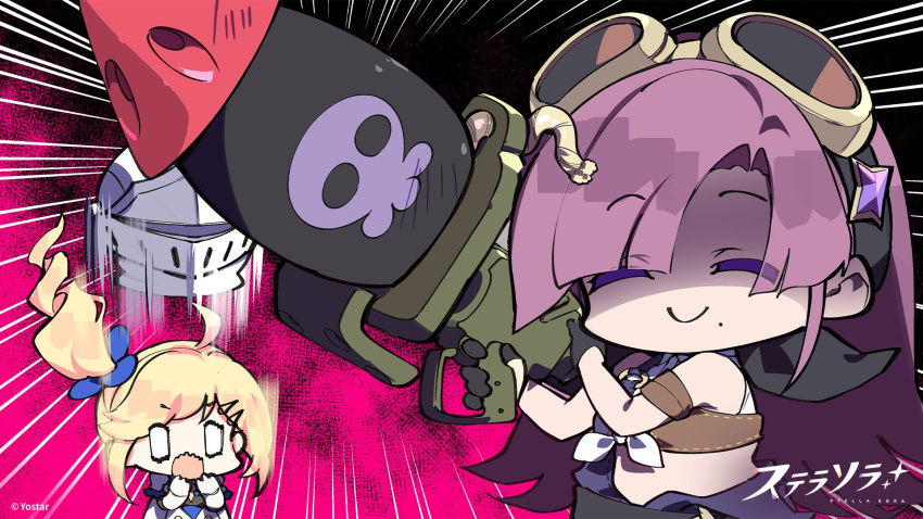 2girls, ahoge, bandeau, bare_shoulders, black_gloves, blank_eyes, blonde_hair, blunt_bangs