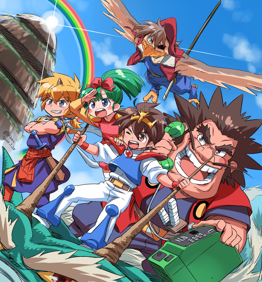 1girl, 4boys, absurdres, arm_up, armor, artist_name, aviator_cap, beak