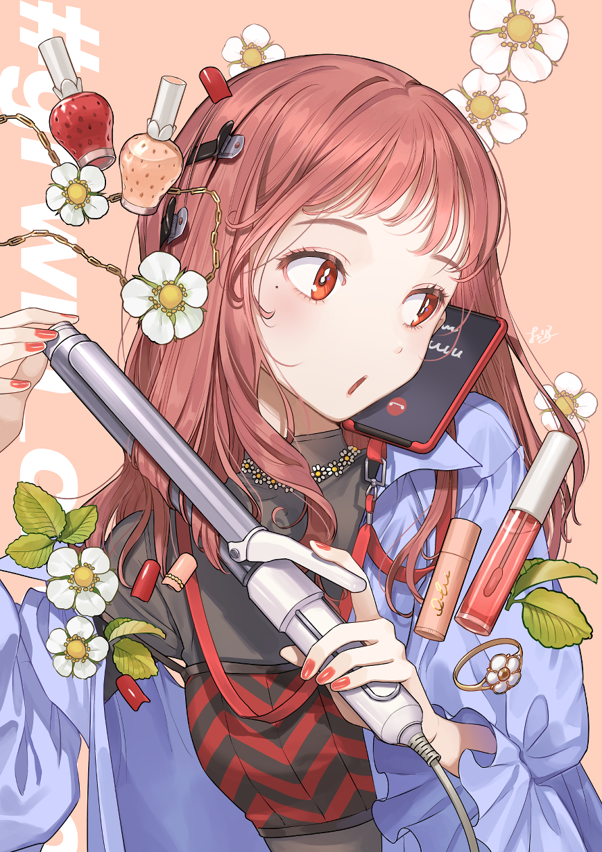 1girl, black_shirt, blue_jacket, blush, brown_eyes, brown_hair, cellphone, cherico