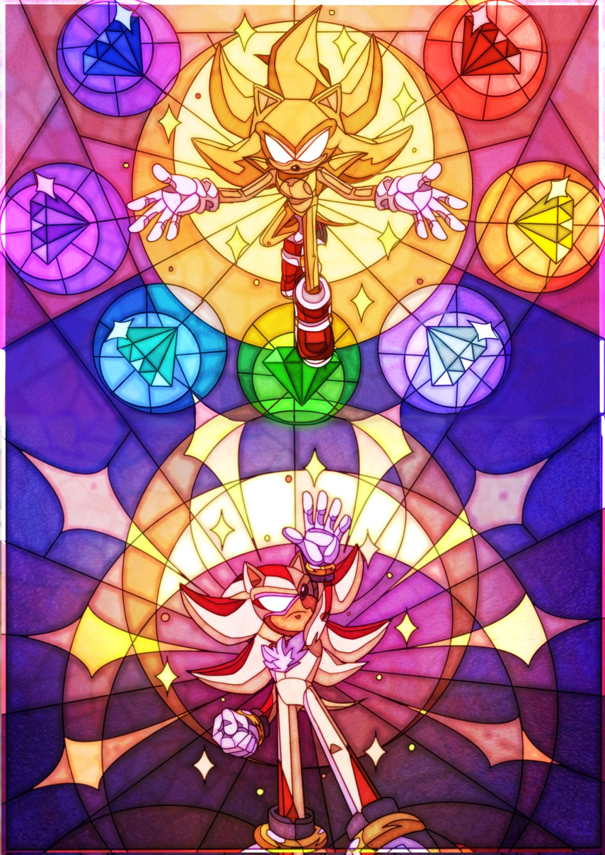 2boys, arm_up, chaos_emerald, day_and_night, furry, gloves, glowing, glowing_eyes