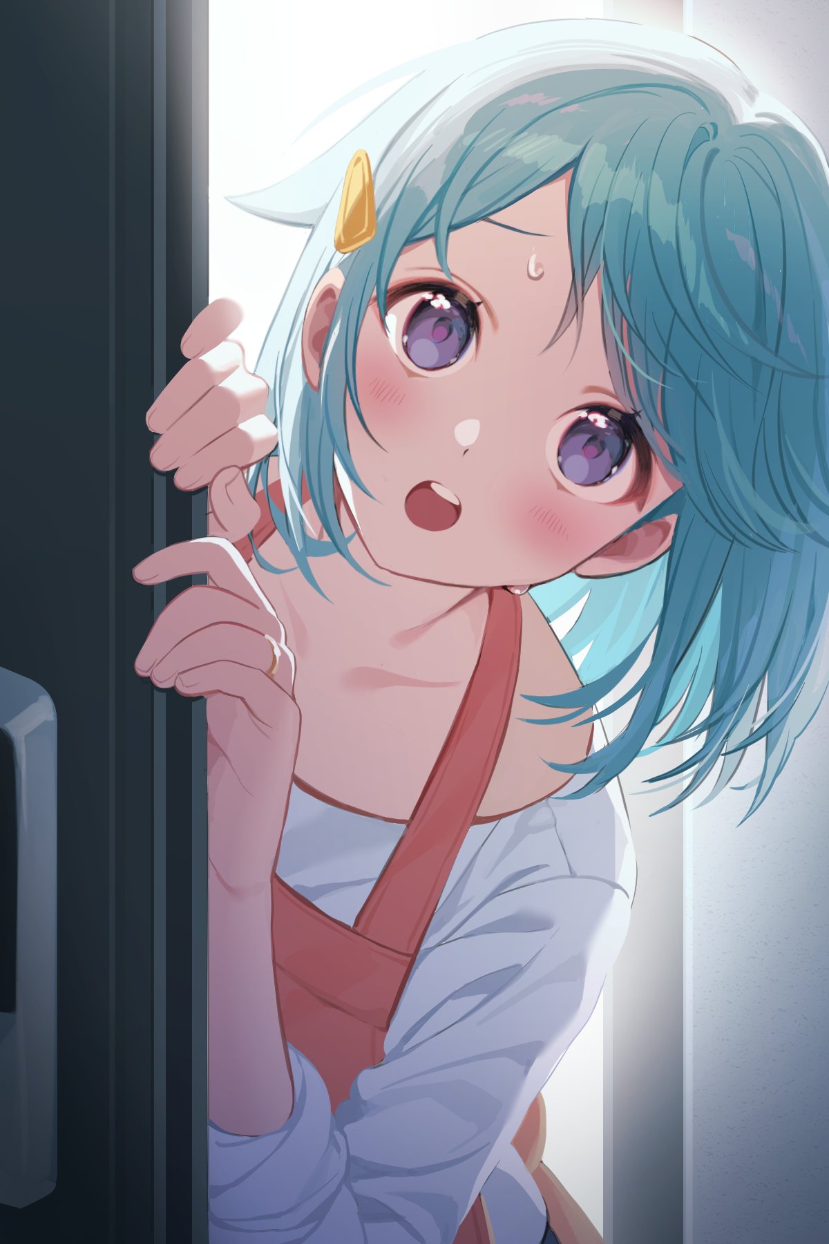 1boy, against_door, androgynous, apron, b_zebuk, backlighting, blush, collarbone