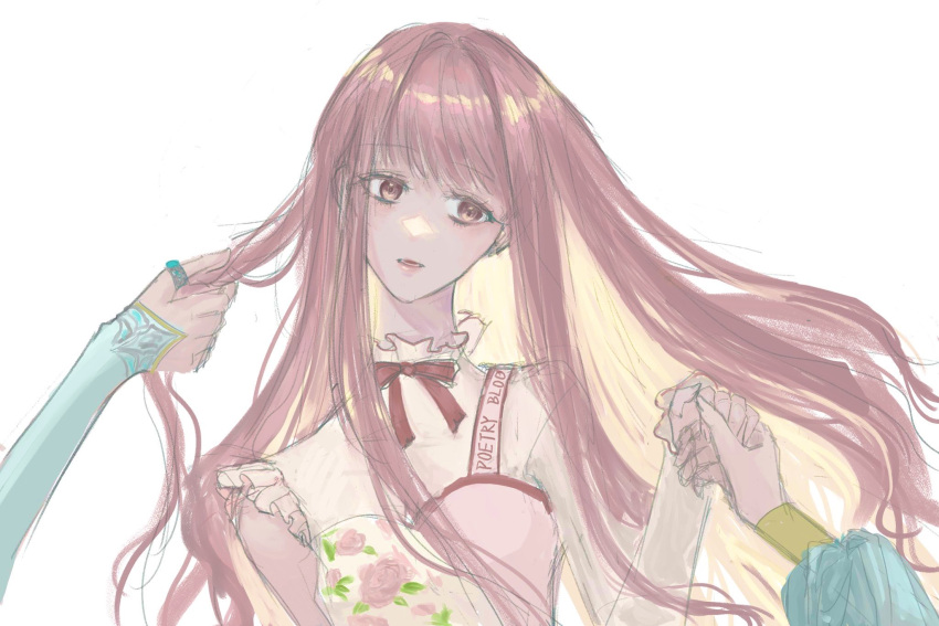 0109xnnnn, 1boy, 2girls, aqua_sleeves, blonde_hair, bloom_poetry_(shining_nikki), bow, bowtie, brown_eyes, clothes_writing, collared_shirt, colored_inner_hair, dress, expressionless, eyelashes, floral_print, frilled_shirt, frilled_shirt_collar, frilled_sleeves, frills, head_tilt, high_collar, highres, holding_another's_hair, holding_hands, jewelry, leonid_(shining_nikki), lipstick, long_hair, long_sleeves, looking_at_hand, lower_teeth_only, lunar_(miracle_nikki), makeup, miracle_nikki, multicolored_hair, multiple_girls, nikki_(nikki), nikki_(series), parted_lips, pinafore_dress, pink_dress, pink_hair, pink_lips, puffy_long_sleeves, puffy_sleeves, red_bow, red_bowtie, ring, rose_print, see-through_clothes, see-through_shirt, shining_nikki, shirt, simple_background, single_sleeve, sleeveless, sleeveless_dress, sleeveless_shirt, sleeves_past_wrists, solo_focus, teeth, transformation, very_long_hair, white_background, white_shirt