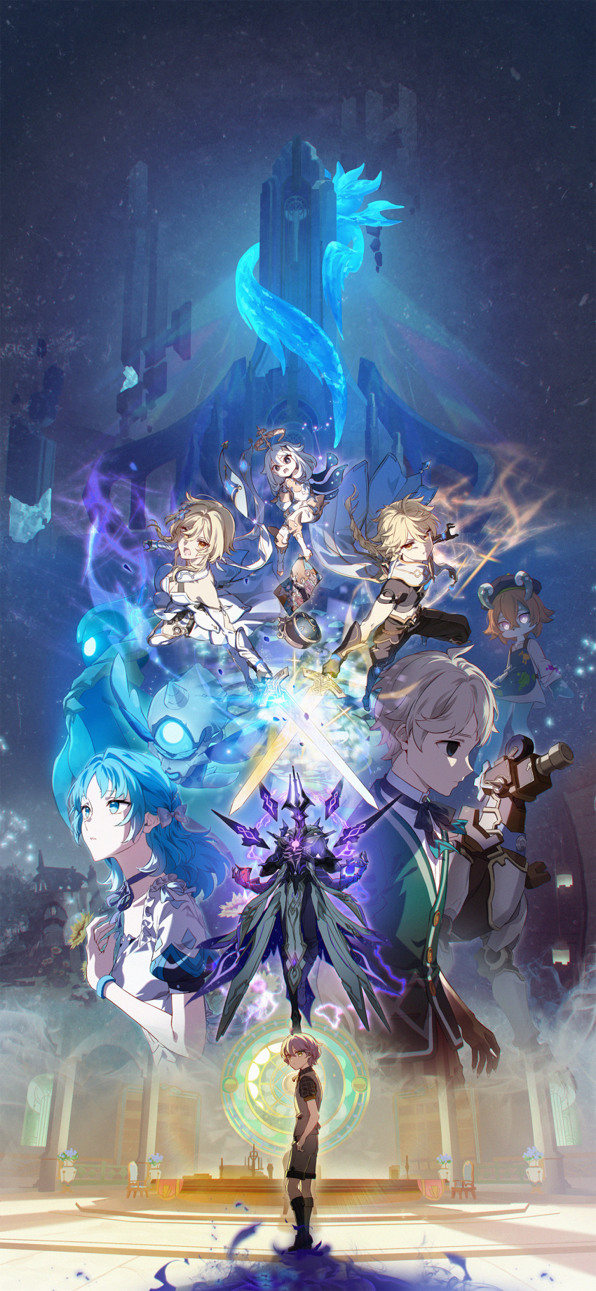 3boys, 4girls, absurdres, aether_(genshin_impact), ann_(genshin_impact), blonde_hair, blue_eyes, blue_hair