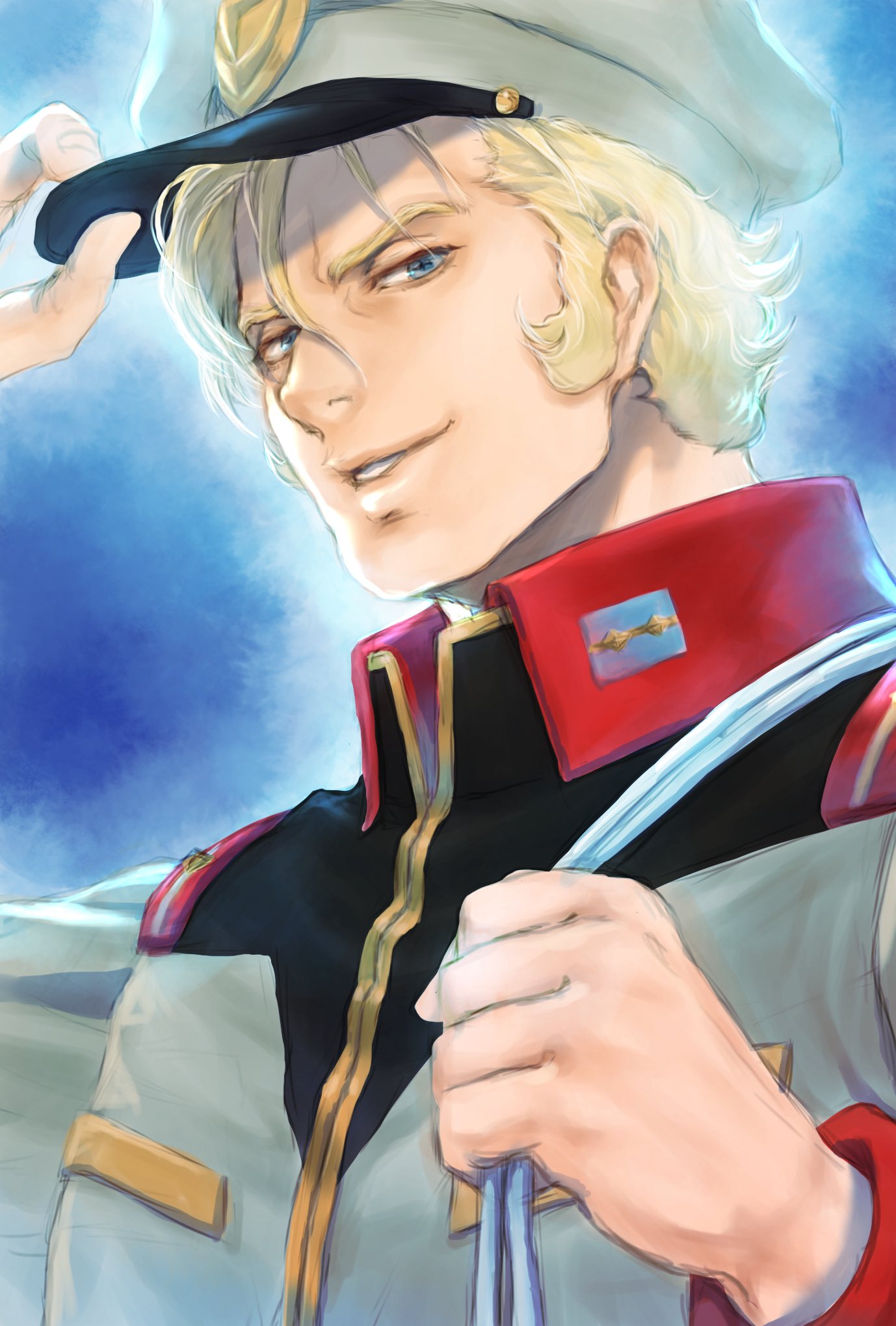 1boy, blonde_hair, blue_eyes, brown_hat, brown_jacket, commentary_request, earth_federation, grin, gundam, hair_between_eyes, hand_on_headwear, hat, highres, jacket, looking_at_viewer, male_focus, military_hat, military_jacket, mobile_suit_gundam, short_hair, sleggar_law, smile, solo, takeda_yuuko, upper_body