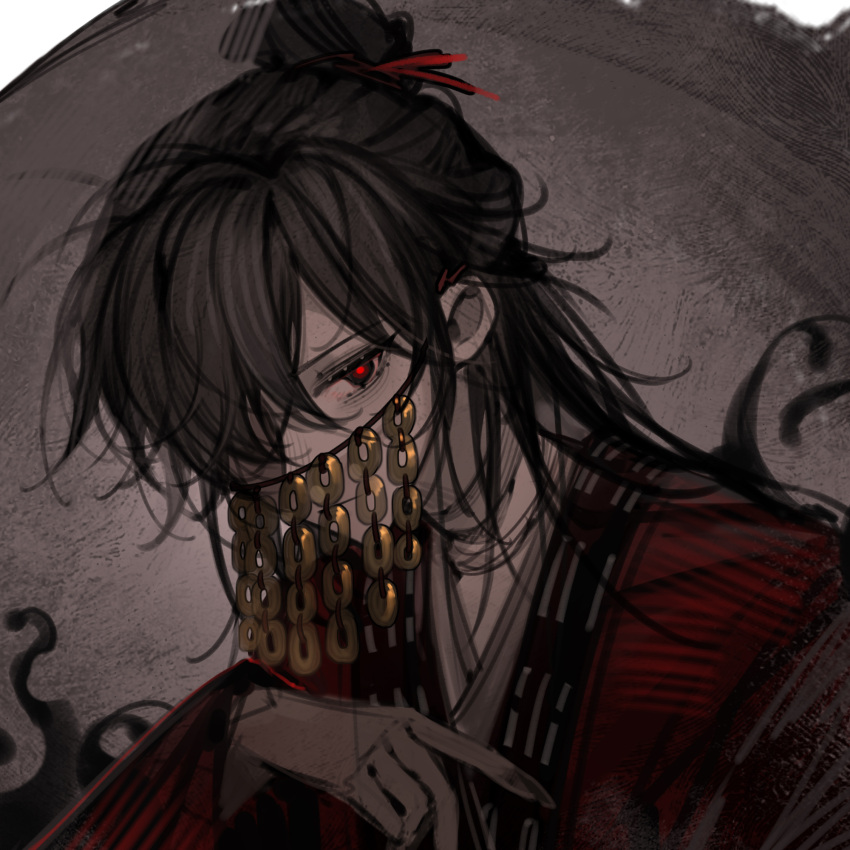 1boy, bags_under_eyes, bandaged_neck, bandages, black_eyes, black_hair, chinese_clothes, chinese_commentary
