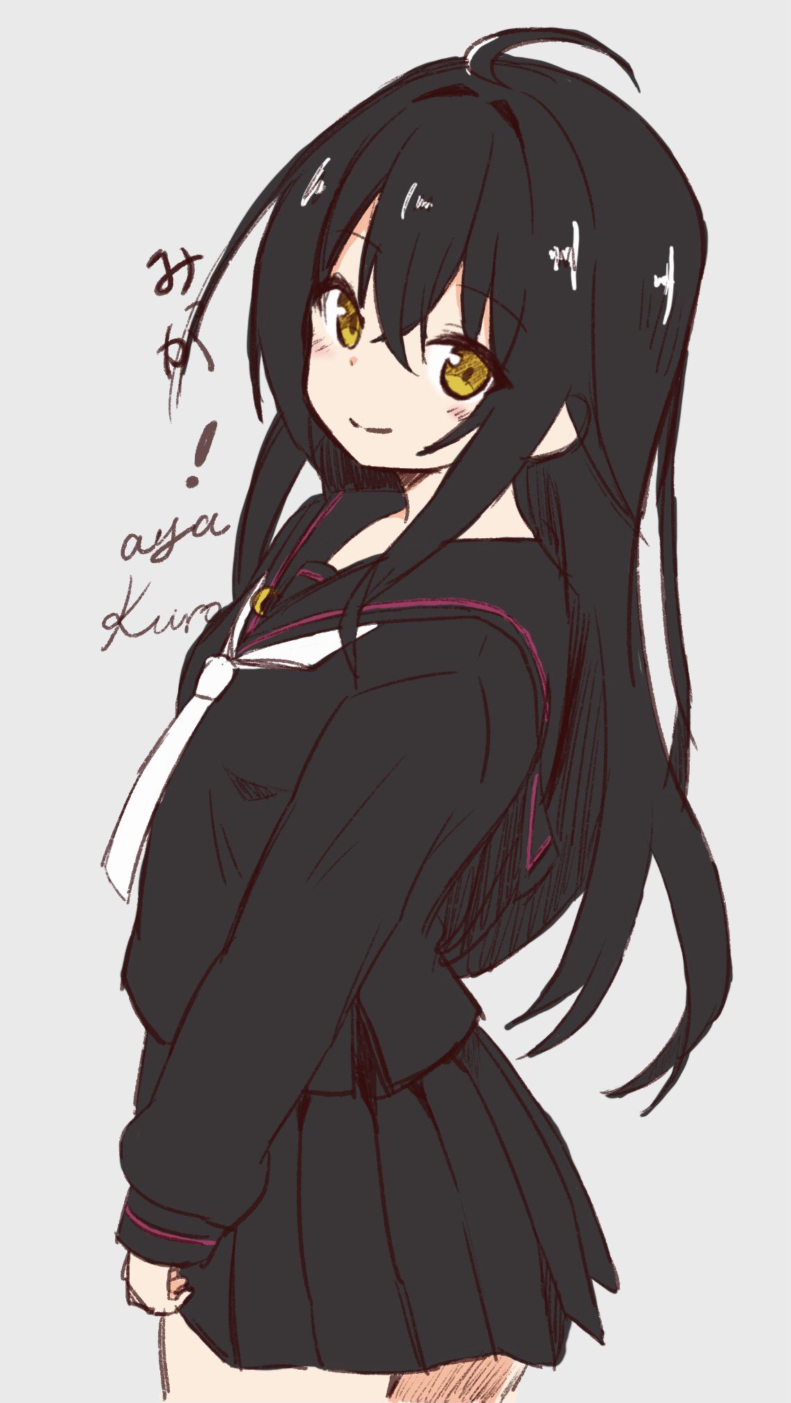 1girl, ahoge, artist_name, black_hair, black_sailor_collar, black_serafuku, black_shirt, black_skirt, brown_eyes, commission, grey_background, hair_between_eyes, highres, kantai_collection, long_hair, mikazuki_(kancolle), neckerchief, playalq, pleated_skirt, sailor_collar, sailor_shirt, school_uniform, serafuku, shirt, simple_background, skeb_commission, skirt, smile, solo, white_neckerchief, yellow_eyes