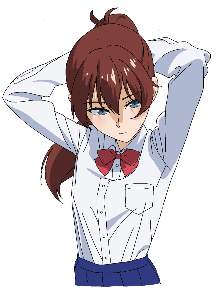 1girl, akine_ritsuko, ao_no_orchestra, arms_up, blue_eyes, blue_skirt, bow, bowtie