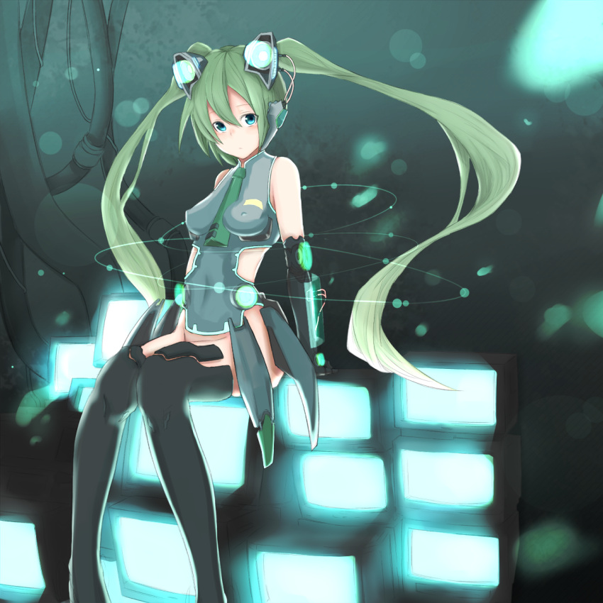 aqua_eyes, erect_nipples, green_hair, hatsune_miku, highres, hope_yakisoba, monitor, necktie