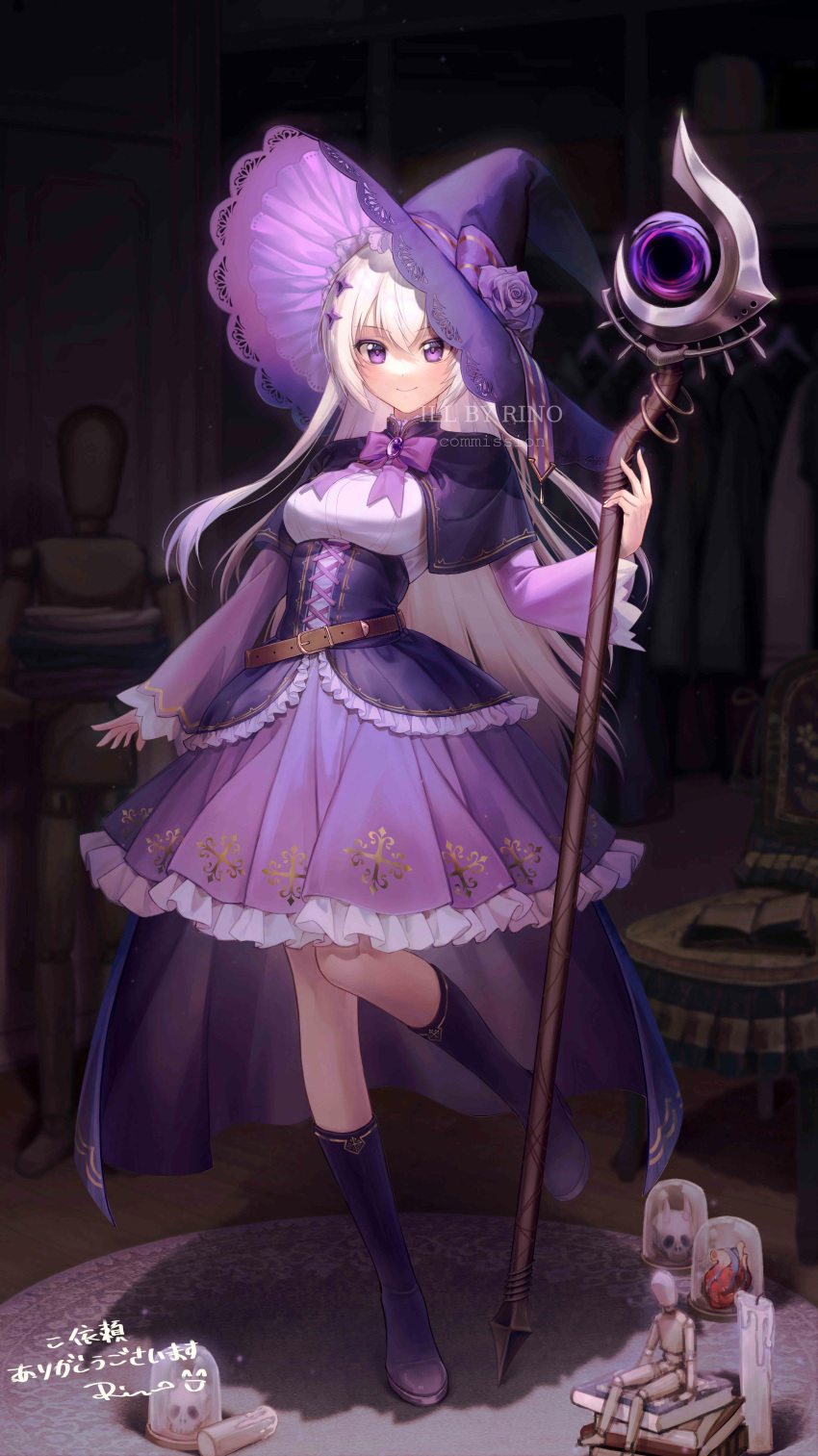1girl, absurdres, boots, bow, breasts, candle, capelet, commentary_request