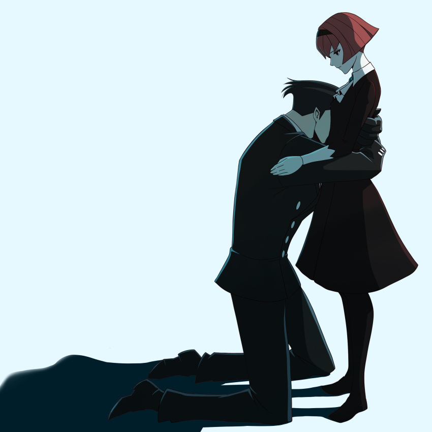 1boy, 1girl, absurdres, ascot, black_dress, black_hair, black_pants, black_pantyhose