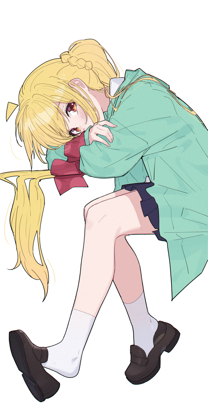 1girl, absurdres, ahoge, aqua_jacket, black_shoes, blonde_hair, blue_skirt, blush, bocchi_the_rock!, commentary_request, detached_ahoge, elbow_rest, from_side, head_rest, highres, hood, hood_down, hooded_jacket, ijichi_nijika, invisible_chair, jacket, loafers, long_hair, long_sleeves, looking_at_viewer, open_clothes, open_jacket, pleated_skirt, puffy_long_sleeves, puffy_sleeves, red_eyes, school_uniform, shimokitazawa_high_school_uniform, shirt, shoe_dangle, shoes, side_ponytail, simple_background, sitting, skirt, socks, solo, white_background, white_shirt, white_socks, yun_cao_bing