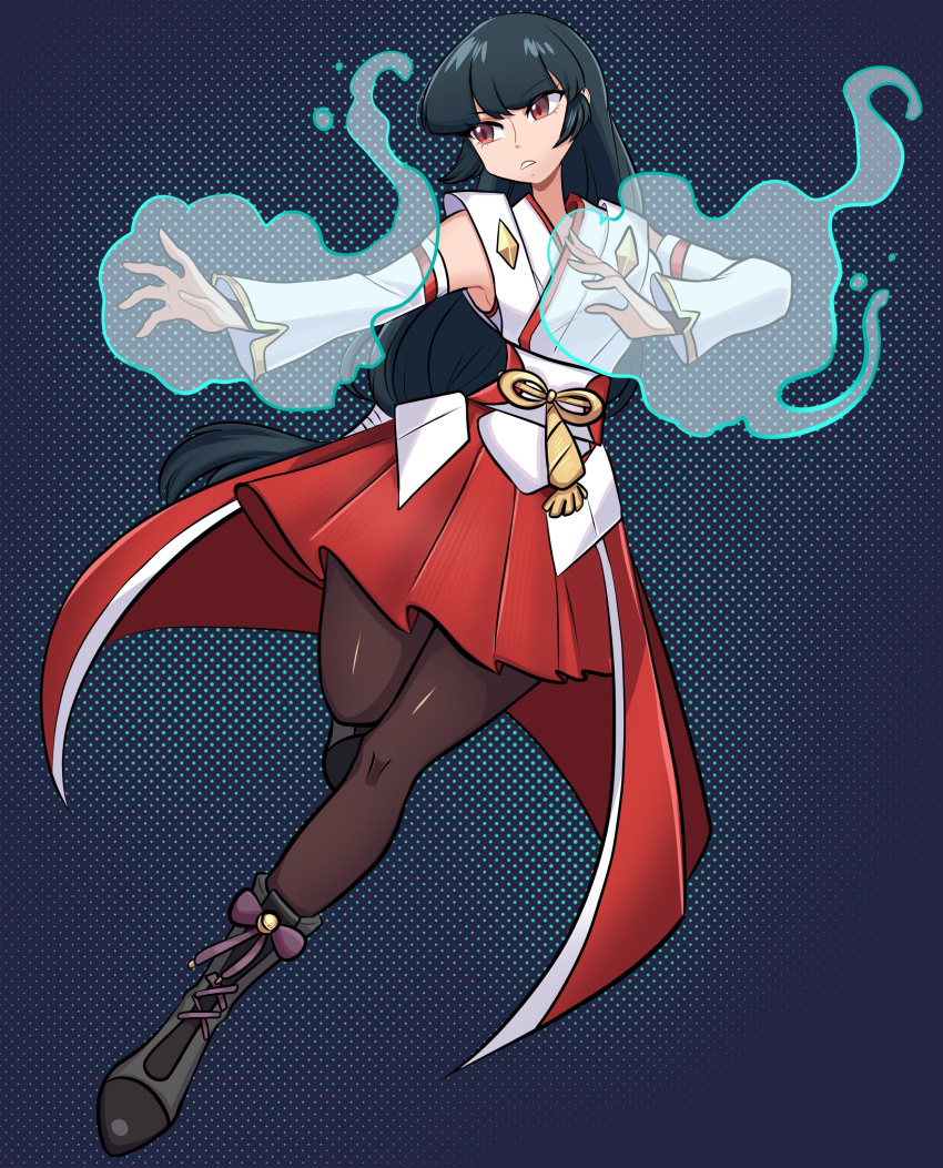 1girl, absurdres, black_hair, blunt_bangs, breasts, detached_sleeves, eyelashes, hakama