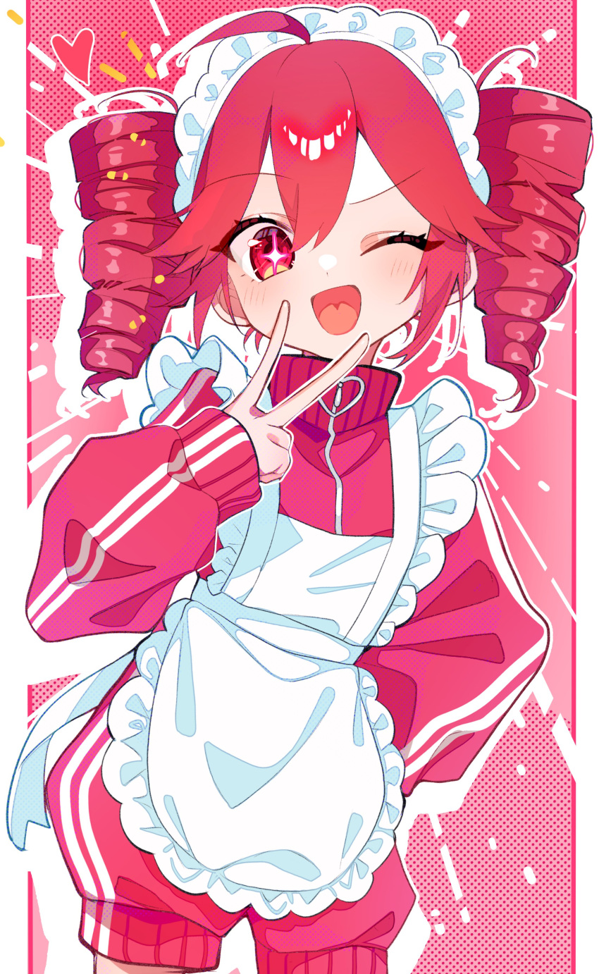1girl, absurdres, ahoge, alternate_costume, apron, blush, cowboy_shot, drill_hair