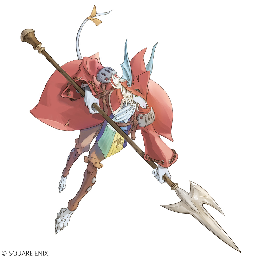 armor, belt, claws, coat, dragon_wings, fighting_stance, final_fantasy, final_fantasy_ix, freija_crescent, hat, hat_over_eyes, holding, holding_polearm, holding_weapon, itahana_toshiyuki, jumping, long_face, long_sleeves, mouse_girl, mouse_tail, no_shoes, official_art, polearm, rat_feet, red_coat, red_hat, red_sleeves, ribbon, shoulder_armor, simple_background, spear, square_enix, tail, tail_ornament, tail_ribbon, trench_coat, utility_belt, weapon, white_background, winged_hat, wings, yellow_ribbon