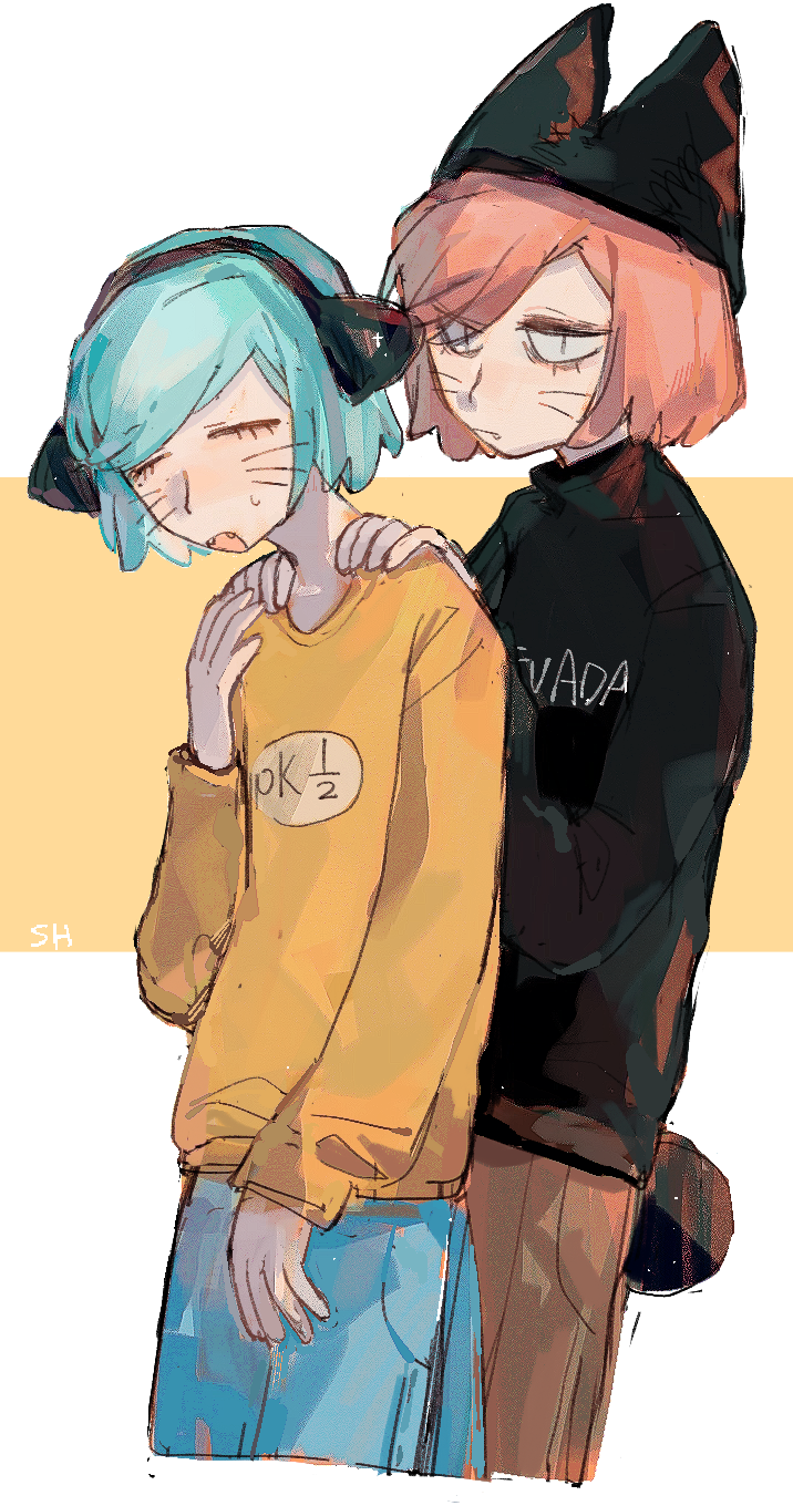 2boys, animal_ears, animal_hat, blue_hair, cat_boy, cat_hat, cat_tail, chinese_commentary