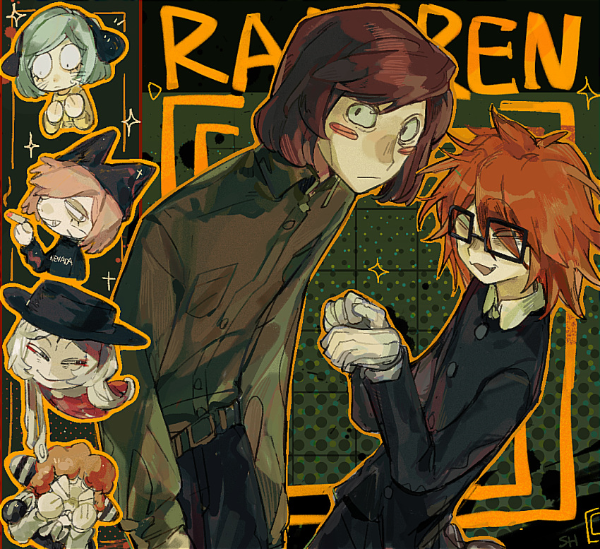 1girl, 5boys, black_coat, brothers, brown_hair, chinese_commentary, coat, commentary_request, extra_eyes, fang, glasses, green_background, green_shirt, looking_at_viewer, luther_von_ivory, multiple_boys, orange_hair, paw_pose, randal's_friends, randal_ivory, shanhou40015, shirt, siblings