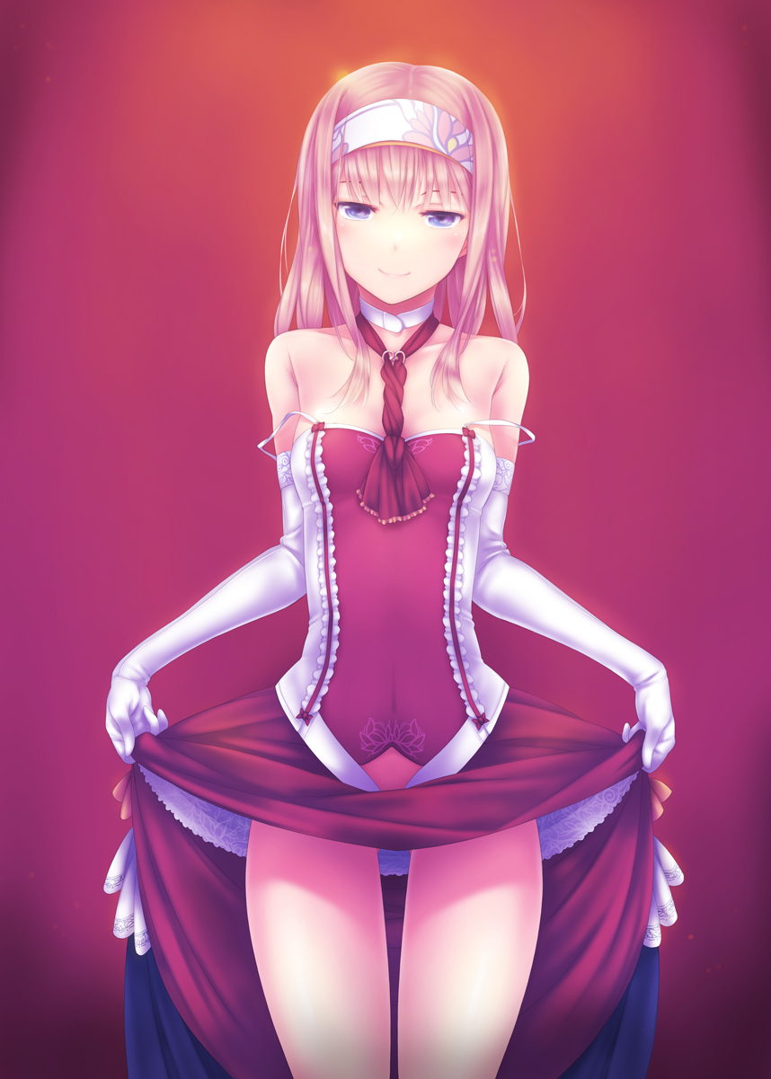 blonde_hair, blue_eyes, breasts, collar, copyright_request, dress, dress_lift, elbow_gloves