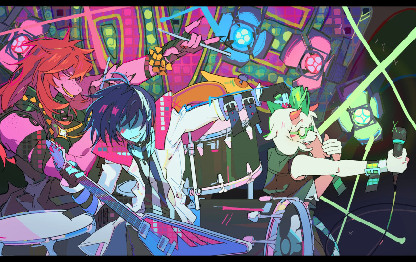 1boy, 1girl, 1other, alternate_costume, band_(music), black_gloves, blue_hair, blue_skin