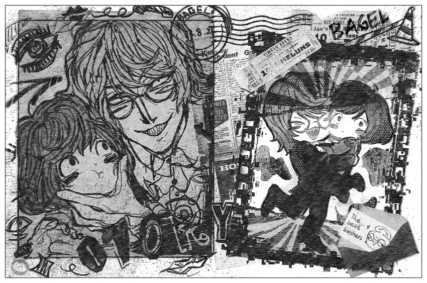 2boys, :i, age_switch, aged_down, aged_up, ascot, bagel_(xinjinjumin900341874831), brothers, carrying, carrying_person, cheek_squash, english_text, extra_eyes, glasses, greyscale, grin, highres, looking_at_viewer, luther_von_ivory, male_focus, monochrome, multiple_boys, multiple_views, newspaper, randal's_friends, randal_ivory, round_eyewear, sharp_teeth, short_hair, siblings, smile, teeth, ticket