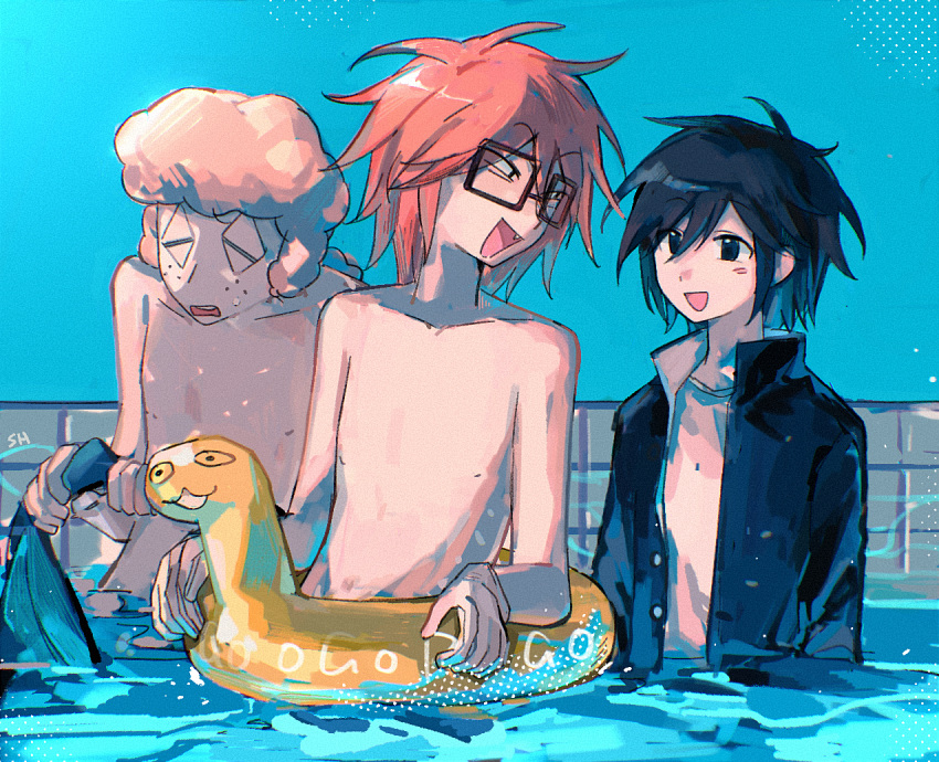 3boys, black_eyes, black_hair, blue_background, blue_sky, clear_sky, freckles, gakuran, glasses, holding_own_tail, kelp, looking_at_another, male_focus, multiple_boys, outdoors, partially_submerged, pink_hair, pool, randal's_friends, randal_ivory, school_uniform, sebastian_de_tomato_smith_chicken_legs, shanhou40015, short_hair, sky, tail, tsukada_satoru, water