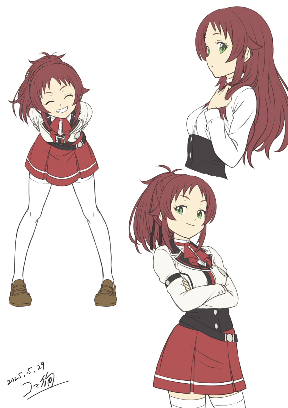 1girl, aisha_greyrat, ascot, belt, bent_over, black_belt, breasts, brown_shoes