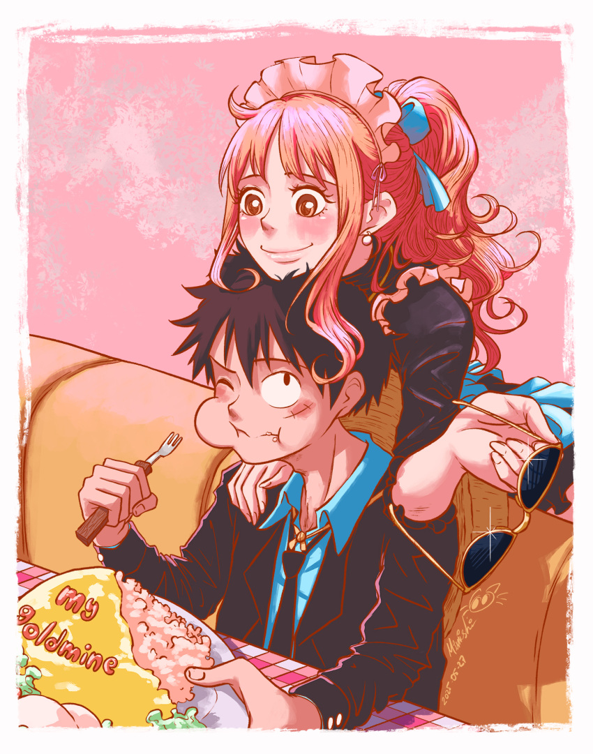 1boy, 1girl, a_mimishi, back_ribbon, black_dress, black_hair, black_jacket, black_necktie, blue_ribbon, blue_shirt, blush, brown_eyes, closed_mouth, collared_shirt, dated, dress, earrings, eating, english_commentary, food, fork, frilled_hairband, frills, hair_ribbon, hairband, hand_on_another's_shoulder, hat, heads_together, high_ponytail, highres, holding, holding_fork, holding_removed_eyewear, jacket, jewelry, long_hair, long_sleeves, maid, maid_headdress, monkey_d._luffy, nami_(one_piece), necktie, official_alternate_costume, one_eye_closed, one_piece, open_clothes, open_jacket, orange_hair, pearl_earrings, ponytail, ribbon, shirt, sidelocks, signature, smile, straw_hat, sunglasses, turtleneck, turtleneck_dress, unworn_eyewear, unworn_hat, unworn_headwear, upper_body, wavy_hair