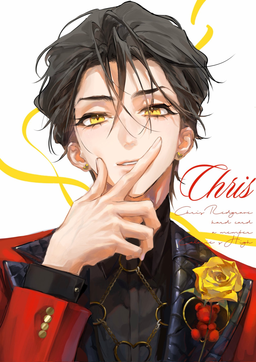 1boy, black_hair, character_name, chris_redgrave, collared_shirt, earrings, eyelashes, flower