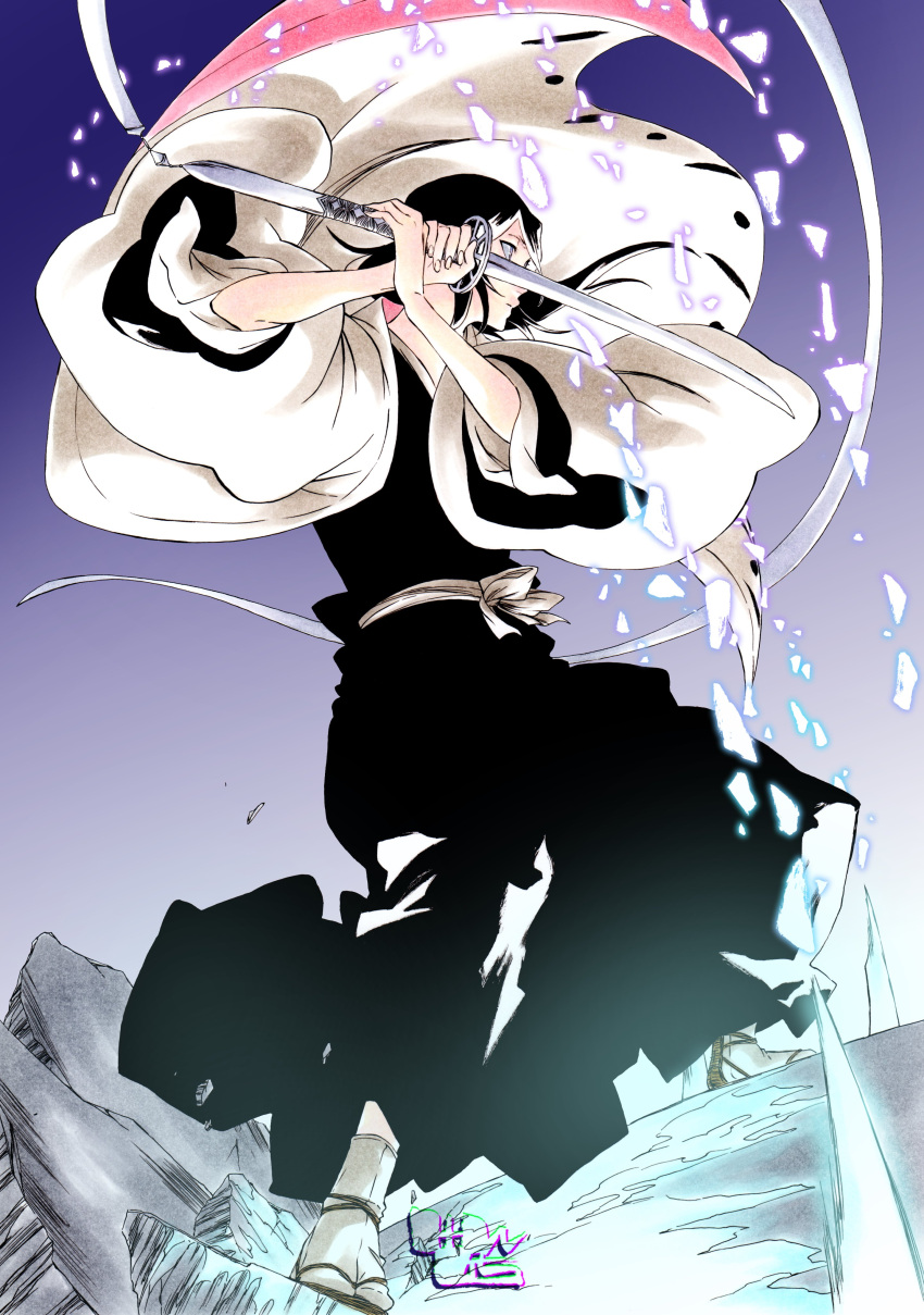 1girl, absurdres, black_hair, black_hakama, black_kimono, bleach, bleach:_epilogue, cryokinesis