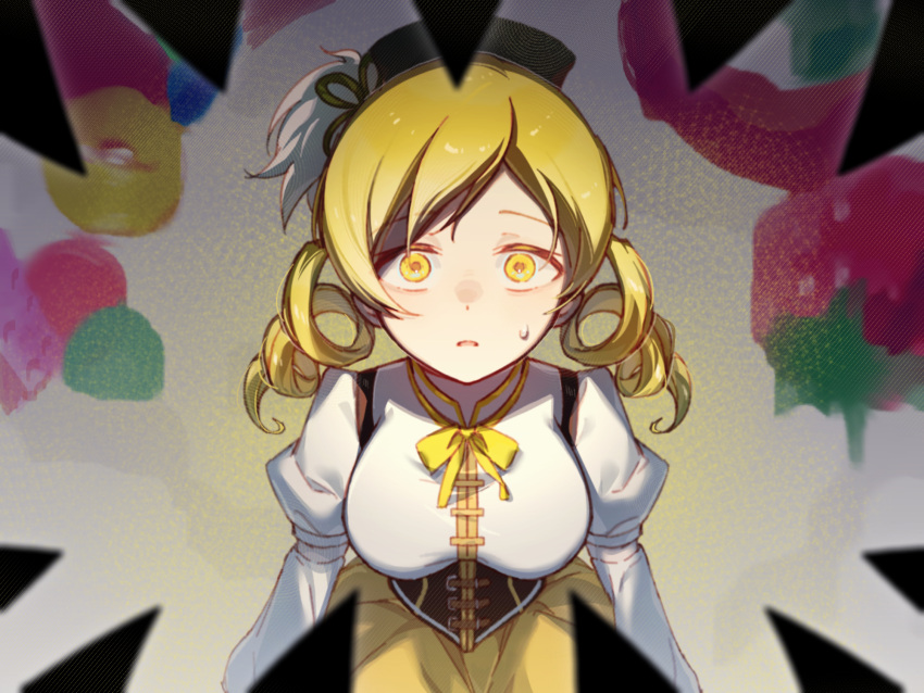 1girl, black_hat, blonde_hair, bow, bowtie, charlotte_(madoka_magica), drill_hair, hat, highres, juliet_sleeves, long_sleeves, looking_at_viewer, mahou_shoujo_madoka_magica, mahou_shoujo_madoka_magica_(anime), medium_hair, open_mouth, puffy_sleeves, risheng_yueyin, scared, sharp_teeth, solo, sweatdrop, teeth, tomoe_mami, tomoe_mami_(magical_girl), twin_drills, upper_body, wide-eyed, yellow_bow, yellow_bowtie, yellow_eyes