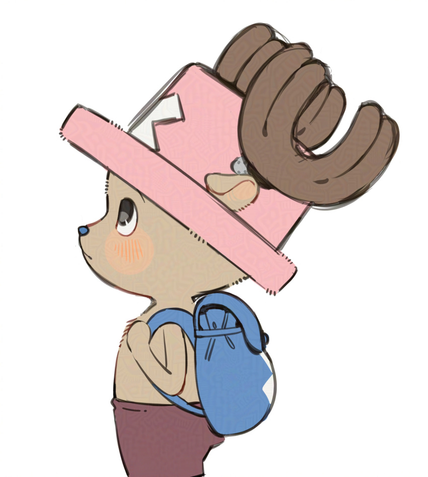 1boy, antlers, bag, blue_nose, blush, commentary_request, cross, hat