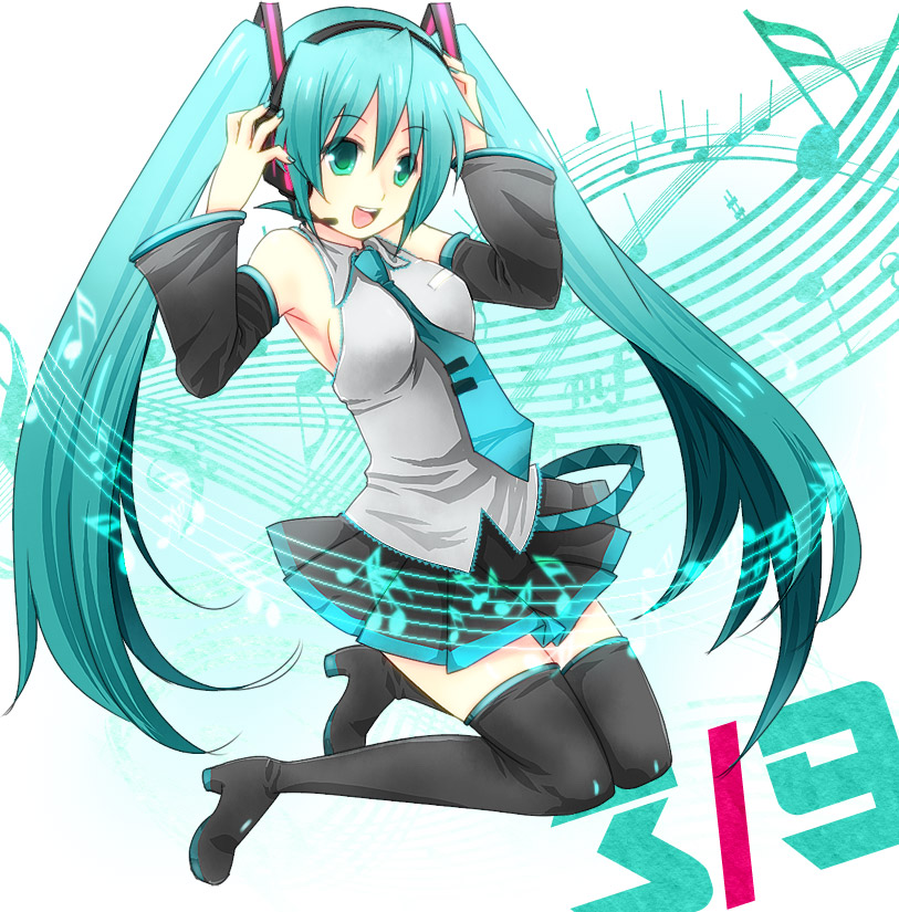 :d, aqua_eyes, aqua_hair, boots, detached_sleeves, hands_on_headphones, hatsune_miku, headphones