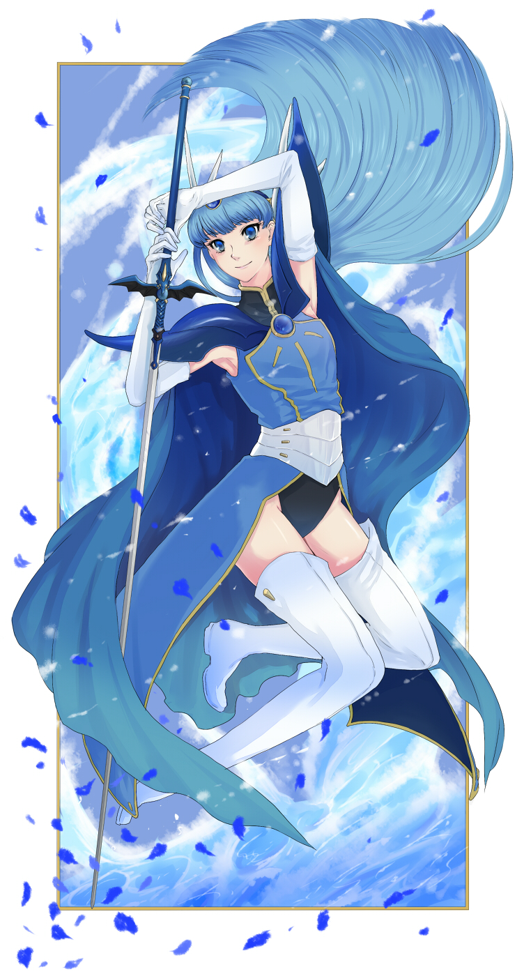 1girl, armor, armored_dress, bad_id, bangs, blue, blue_eyes, blue_hair