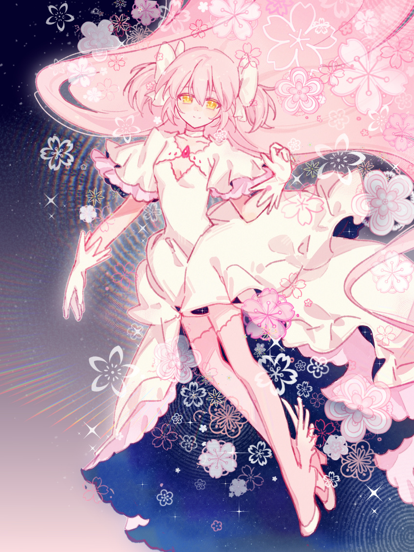 1girl, absurdres, blue_background, bow, choker, dress, floating_hair, flower