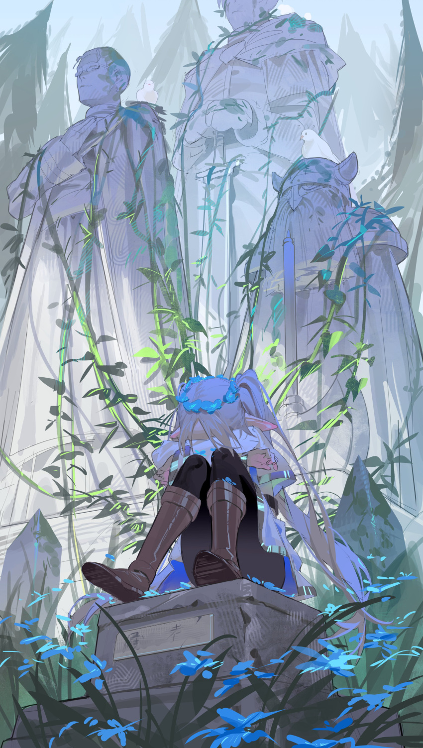 1girl, absurdres, bird, black_pantyhose, blue_flower, boots, brown_boots, capelet, commentary, crossed_arms, eisen_(sousou_no_frieren), elf, english_commentary, flower, forest, frieren, grey_hair, head_rest, head_wreath, heiter, highres, himmel_(sousou_no_frieren), knees_up, long_hair, nature, omurice_(304975636), outdoors, overgrown, pantyhose, parted_bangs, pedestal, pigeon, plant, pointy_ears, shirt, sitting, solo, sousou_no_frieren, statue, tree, twintails, vines, white_bird, white_capelet, white_shirt