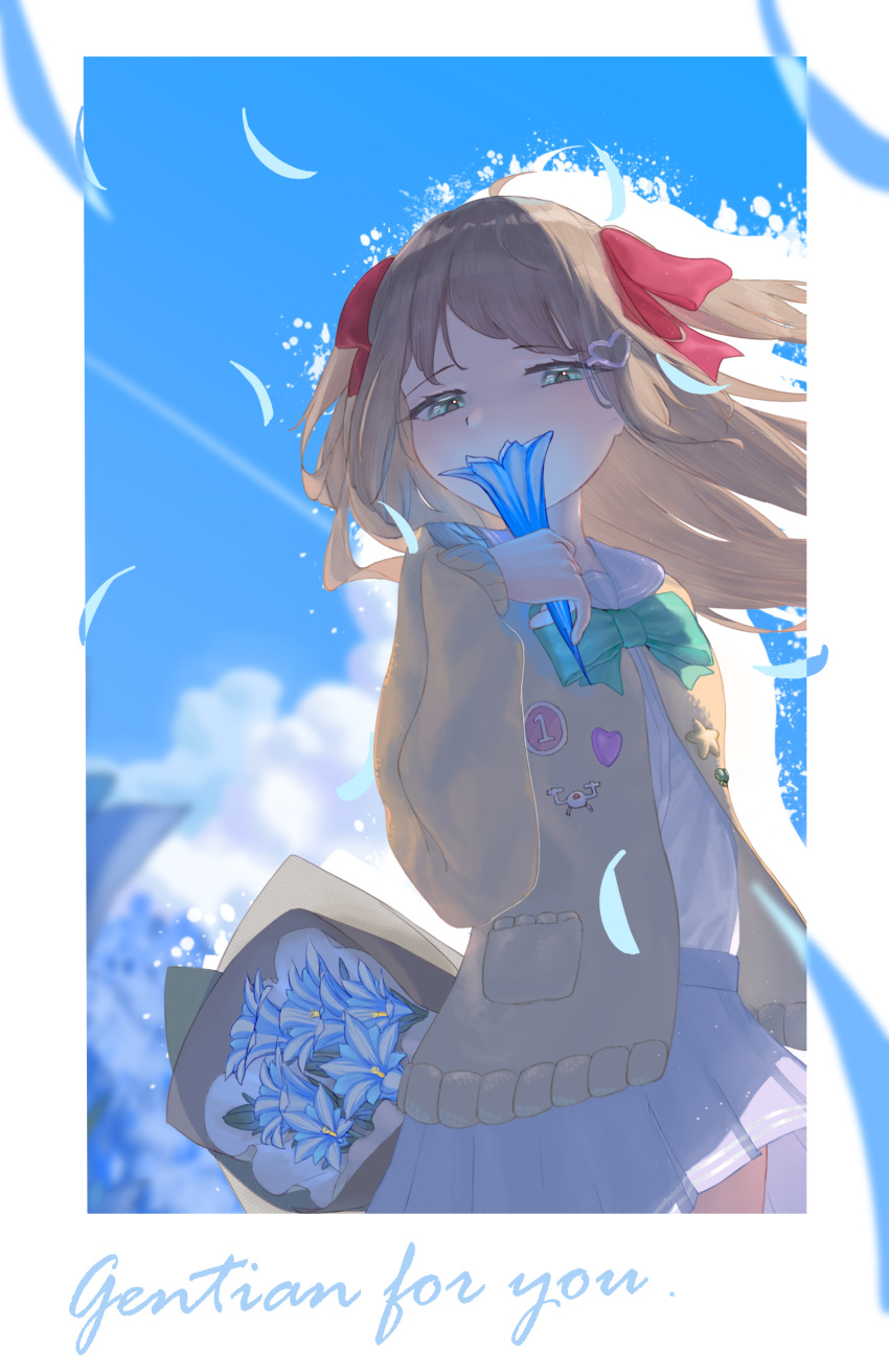 1girl, absurdres, ahoge, aqua_eyes, badge, blue_flower, blue_sky, blurry