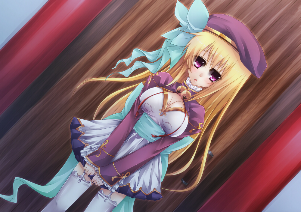 bad_id, beret, blonde_hair, bow, breasts, cleavage, garter_belt, garter_straps