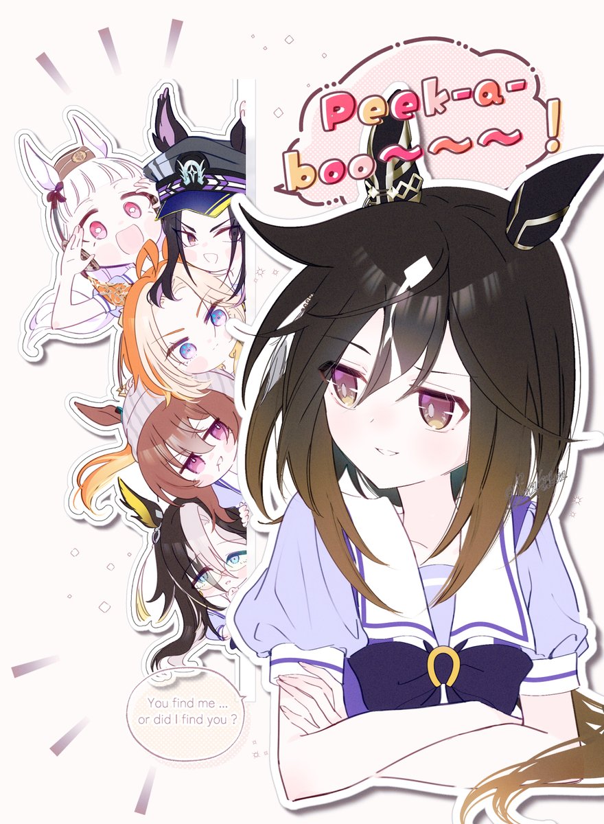 6+girls, :d, beanie, black_hair, blue_eyes, blunt_bangs, bow, bowtie, brown_hair, commentary, crossed_arms, curtained_hair, dream_journey_(umamusume), ear_ornament, english_commentary, english_text, fenomeno_(umamusume), glasses, gold_ship_(umamusume), gradient_eyes, gradient_hair, grin, hands_up, hat, highres, horseshoe_hat_ornament, kobara_suita, long_hair, looking_at_another, multicolored_eyes, multicolored_hair, multiple_girls, nakayama_festa_(umamusume), orange_hair, orfevre_(umamusume), outline, parted_bangs, peaked_cap, peeking, peeking_out, pillbox_hat, puffy_short_sleeves, puffy_sleeves, purple_bow, purple_bowtie, purple_shirt, round_eyewear, sailor_collar, sailor_shirt, school_uniform, shirt, short_sleeves, siblings, sisters, smile, speech_bubble, stay_gold_(umamusume), stay_gold_clan_(umamusume), summer_uniform, tracen_school_uniform, umamusume, violet_eyes, white_hair, white_outline, white_sailor_collar, yellow_eyes