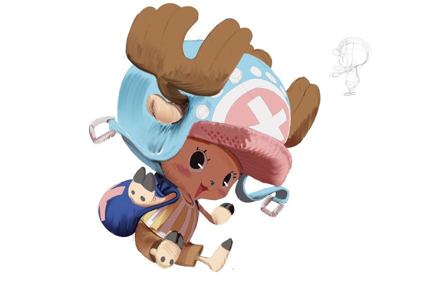 1boy, absurdres, antlers, bag, blue_hood, blue_nose, blush, brown_pants