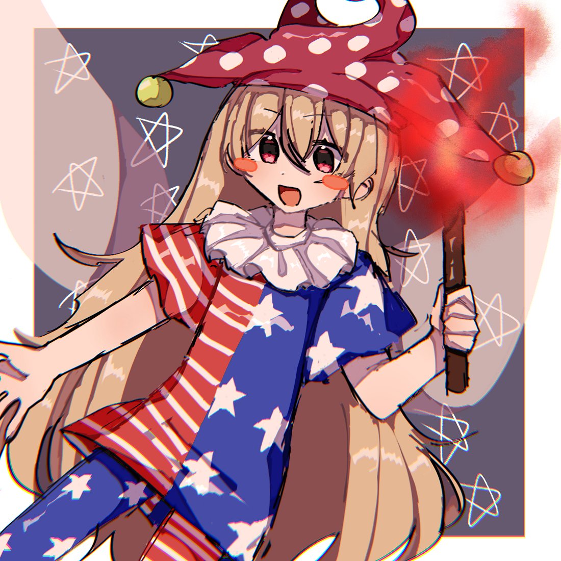 1girl, :d, american_flag_dress, blonde_hair, blush_stickers, clownpiece, cowboy_shot, fairy_wings