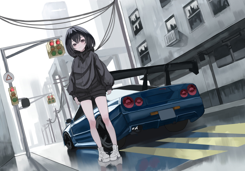 1girl, absurdres, black_hair, black_jacket, black_shorts, car, closed_mouth, grey_eyes