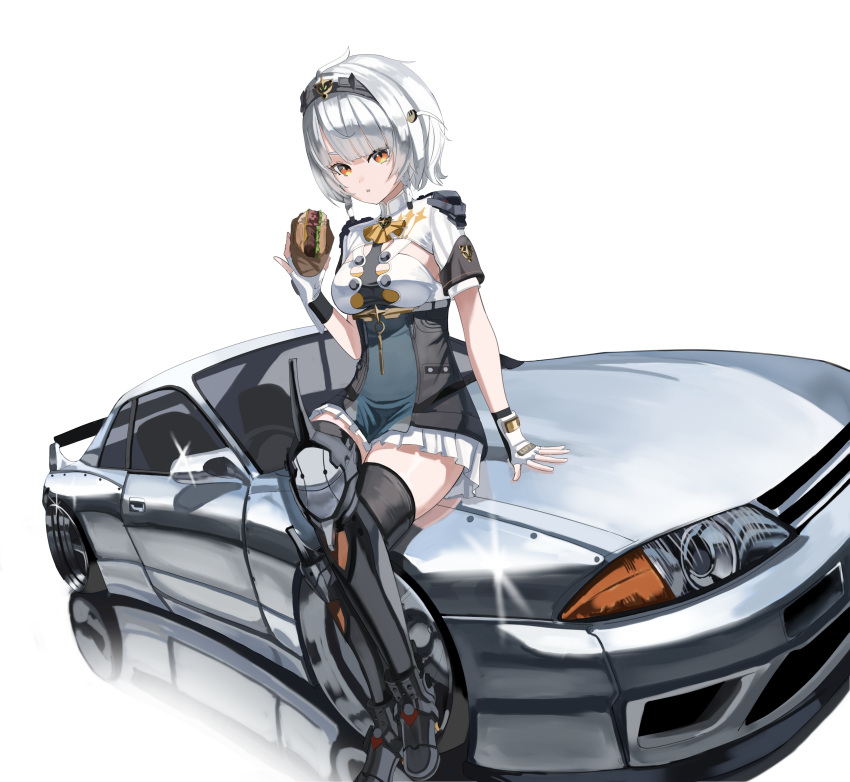 1girl, absurdres, anby_demara, black_boots, black_hairband, black_skirt, black_thighhighs, blunt_bangs, boots, burger, car, fingerless_gloves, food, gloves, hairband, high-waist_skirt, highres, holding, holding_burger, holding_food, irv_v12, looking_at_viewer, motor_vehicle, shirt, short_hair, short_sleeves, sidelocks, sitting, skirt, solo, thigh-highs, white_gloves, white_hair, white_shirt, yellow_eyes, zenless_zone_zero, zettai_ryouiki