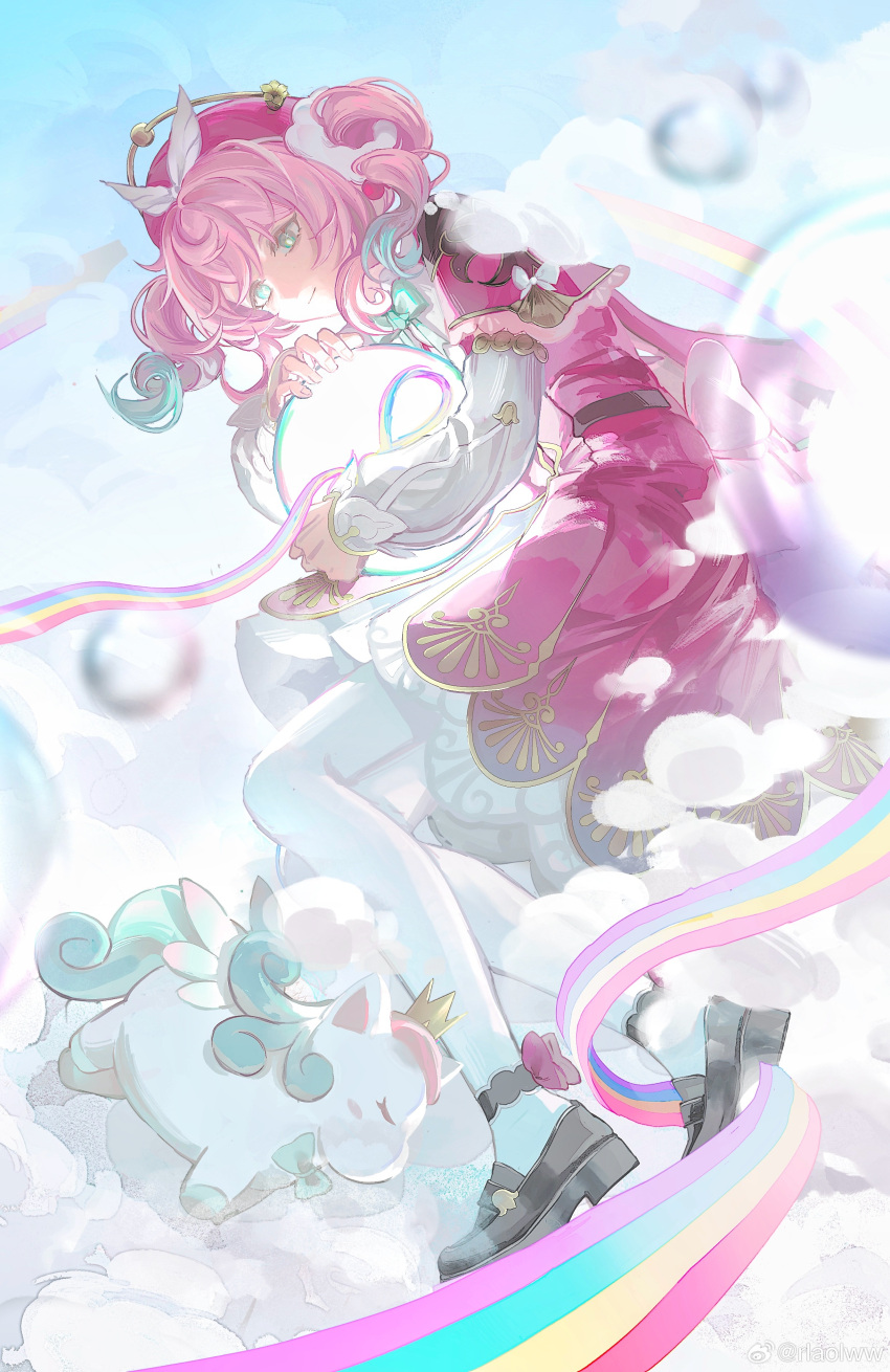 1girl, absurdres, air_bubble, aqua_eyes, aqua_hair, black_shoes, bubble, capelet, chinese_commentary, closed_mouth, clouds, commentary_request, dress, full_body, gradient_hair, highres, honkai:_star_rail, honkai_(series), hyacine_(honkai:_star_rail), little_ica_(honkai:_star_rail), loafers, long_sleeves, lying, medium_hair, multicolored_hair, on_side, pantyhose, pink_capelet, pink_dress, pink_hair, qinglan1044, rainbow, shoes, smile, solo, twintails, watermark, weibo_watermark, white_pantyhose