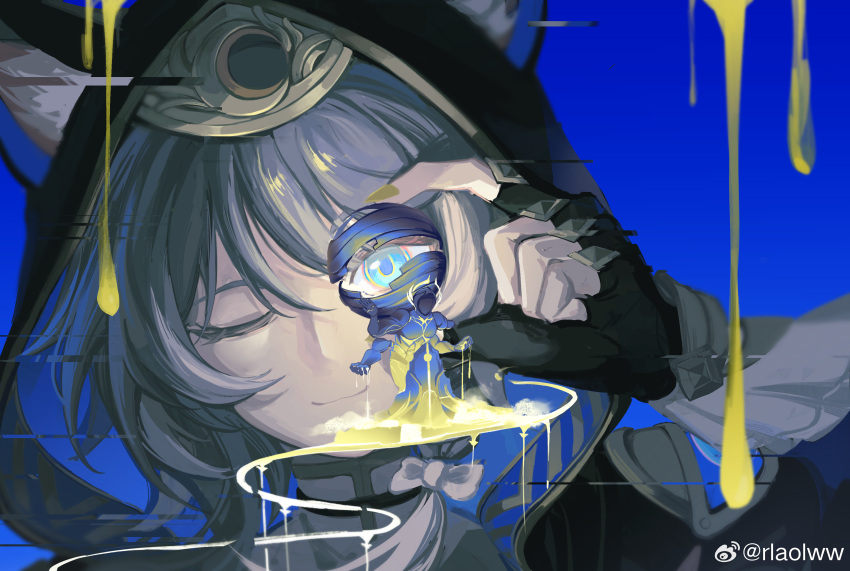 1girl, absurdres, animal_ears, animal_hood, ball, black_gloves, black_hood, blue_background