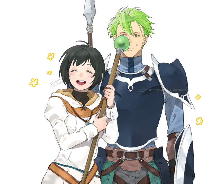 1boy, 1girl, 91007, aran_(fire_emblem), arm_shield, armor, artist_name, belt