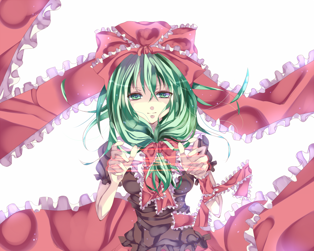 bow, breasts, cat's_cradle, cat's_cradle, dress, frills, glowing, green_eyes